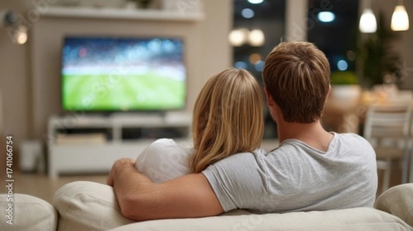 Obraz A couple from behind on a couch watching a sports game on TV in a cozy living room.