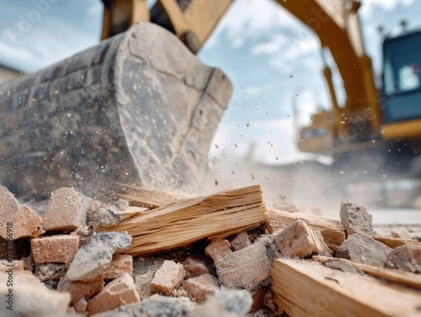 Obraz Construction debris with broken bricks and wood, dust flying, and a blurred excavator bucket in the background, showing demolition.