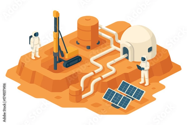 Obraz Isometric habitat and drilling scene, dome habitat, drilling rig, tanks, solar panels, pipeline