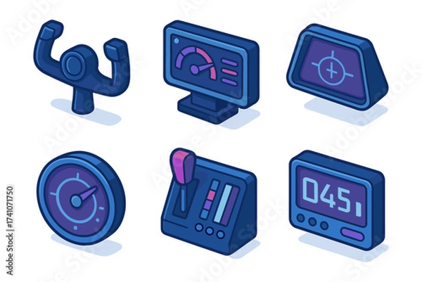 Obraz Isometric cockpit controls icons set – yoke, performance monitor, HUD, speed gauge, throttle