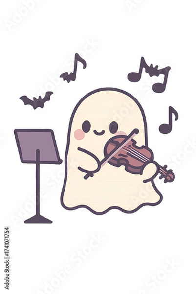 Obraz Cute ghost playing violin with bats and music notes. Adorable Halloween character illustration for kids, stickers, prints, and seasonal decorations.