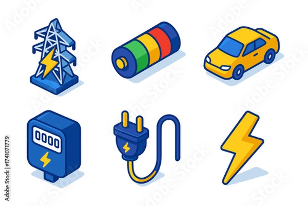 Obraz Isometric electric icons set, power tower, battery, car, meter, plug, lightning