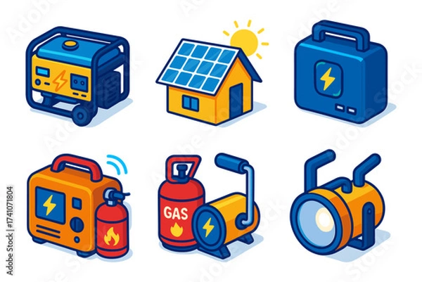 Obraz power gear isometric icons ,generator, gas can, spotlight, solar house, bank