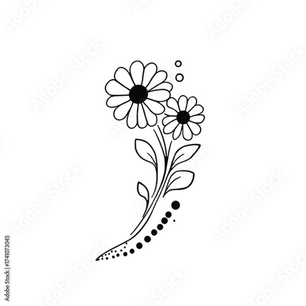 Fototapeta Black and white line art of two daisies with leaves and dots