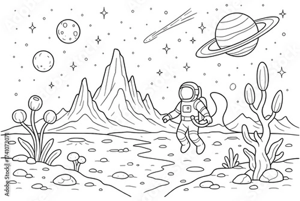 Obraz astronaut landscape coloring page , alien plants, mountains, saturn, comets