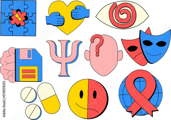 Fototapeta Psychology Vector Elements in Neo Flat Retro Brutalism Style. Abstract Brain, Mind, Helping Hands, Balance, Therapy and Mental Health Symbols for Modern Counseling, Education, and Wellbeing Design.