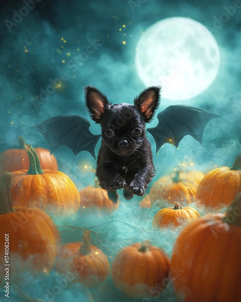 Fototapeta Black puppy with bat wings flying over pumpkins under moonlight