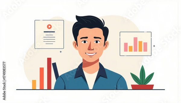 Fototapeta Asian man smiling as job candidate with graphs and plant in background  