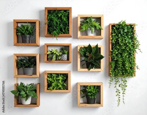 Obraz Collection of various indoor plants framed in wooden boxes, arranged on a white wall