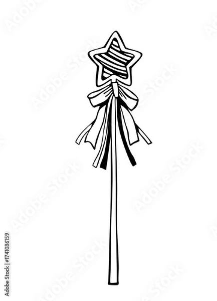 Fototapeta Vector illustration of a magic wand with a star, bow, and ribbons. Illustration for children's crafts, stationery, and printed materials.
