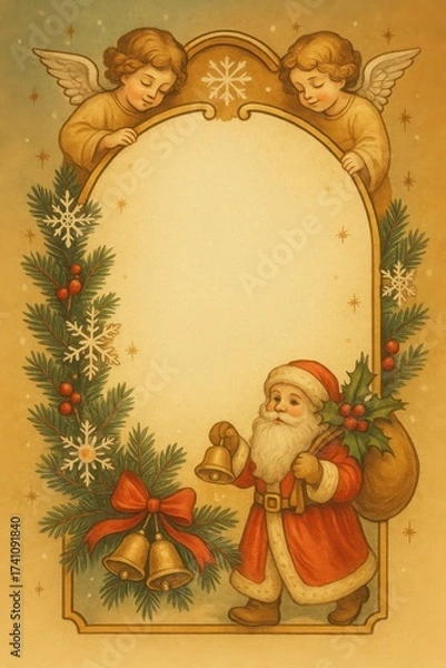 Fototapeta Vintage Christmas frame with Santa Claus, angels, holly leaves, red berries, golden bells, and snowflakes on warm parchment background. Classic festive postcard design. Illustration by Generative AI.