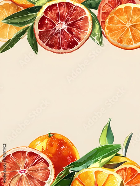 Fototapeta Colorful citrus fruits arranged with green leaves on a light background, perfect for a fresh and vibrant design element
