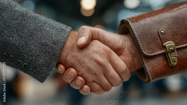 Fototapeta A contract, briefcase, and pen with a handshake deal between two business partners