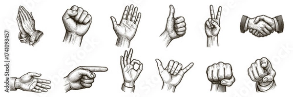 Obraz hand gestures sketch icons –,pray, point, thumbs up, ok, handshake