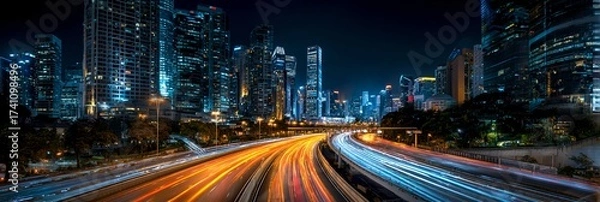 Fototapeta Panoramic city skyline at night with skyscrapers and glowing highway light trails, vibrant urban architecture showcasing speed, motion, and modern futuristic metropolis energy.