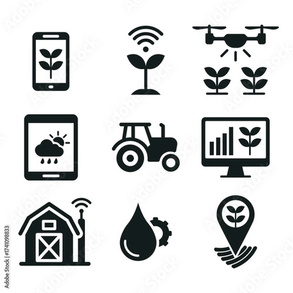 Fototapeta Set of modern smart farming and agriculture technology icons including drone, tractor, weather app, irrigation, and data analysis