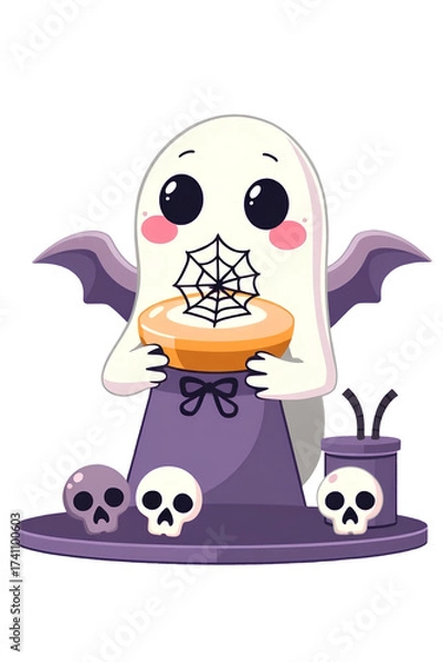 Obraz Adorable cartoon ghost in a witch hat with wings, holding a cake or pie decorated with a spiderweb. Surrounded by small skulls. Perfect Halloween party art and spooky desserts.