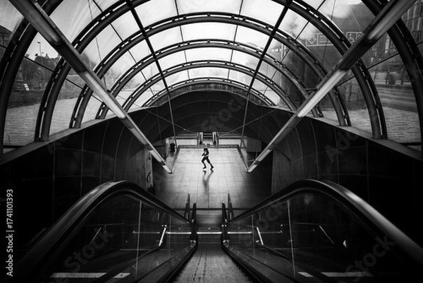 Obraz Unknown man rushing to subway in Prague, Czechia. Entrance to Hradčanská subway station