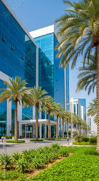 Obraz Modern architecture in Abu Dhabi with palm trees and blue glass facade.