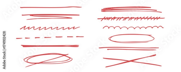 Fototapeta Collection of red marker lines for underlining and highlighting text. Hand drawn texture scribble pen stroke. Curved doodles for design sketch, banner, collage and note.