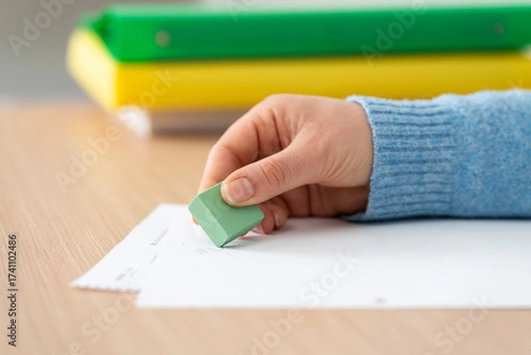 Fototapeta Woman hand using rubber erasing pencil drawing on a desk at office