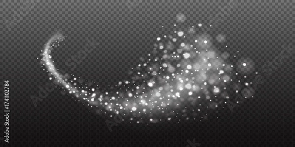 Fototapeta Christmas snow flake trail with sparkling light particles and stars creating a magical bokeh effect. Perfect for festive, fantasy or celebration designs. Stock vector illustration in realistic style.