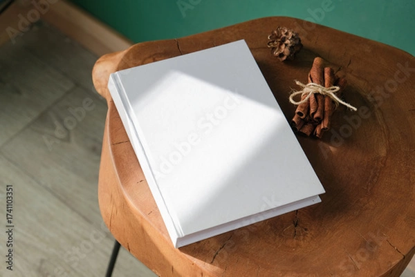 Fototapeta High angle view of white hard cover book on wooden decorative table with a pumpkin and red berries