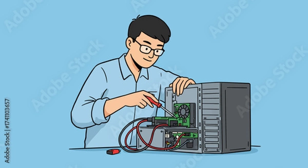 Obraz Man repairing a computer with a screwdriver