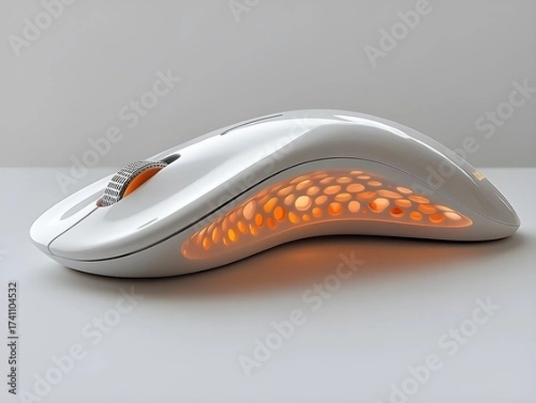 Obraz  futuristic white gaming mouse with orange led lighting honeycomb design ergonomic computer peripheral modern technology