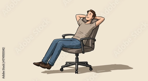 Fototapeta Young man relaxing comfortably in an office chair, feeling satisfied and at ease