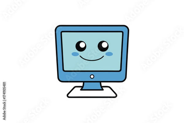 Fototapeta Vector art of a cute cartoon computer with a smiling face, perfect for childrens books, educational materials, and fun techrelated designs and illustrations