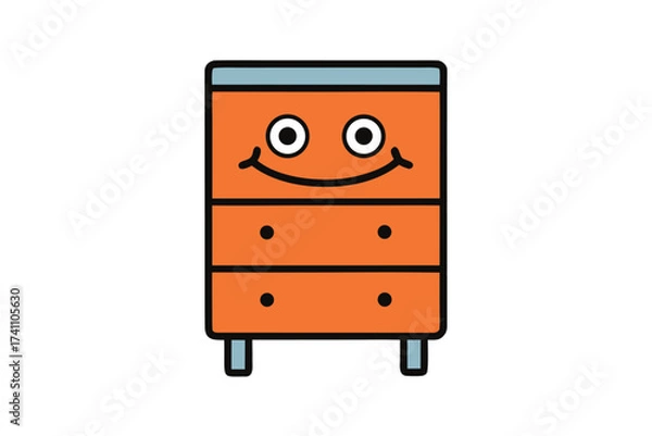 Fototapeta Illustration of a smiling orange chest of drawers with three drawers, two knobs on each drawer, and a blue top and legs for kids room decor