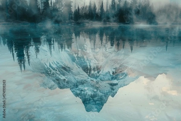 Fototapeta Tranquil mountain reflection in mist