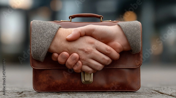 Fototapeta A contract, pen, and briefcase with a handshake deal between two business partners