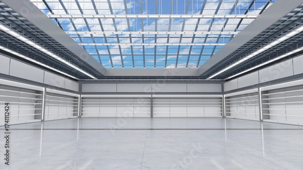 Fototapeta Large empty commercial space with empty shelves along the walls and clear roof overlooking the blue cloudy sky. 3d illustration