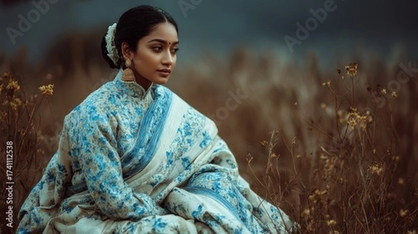 Fototapeta Elegant Woman in Traditional Saree Meditates in Serene Outdoor Setting