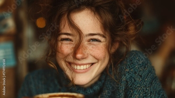 Fototapeta Radiant joy: a freckled woman's infectious smile capturing pure happiness