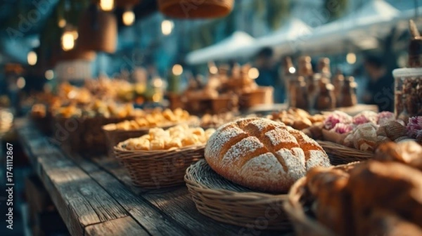 Obraz Rustic Delight: Baskets of Fresh Bread and Treats at an Outdoor Market