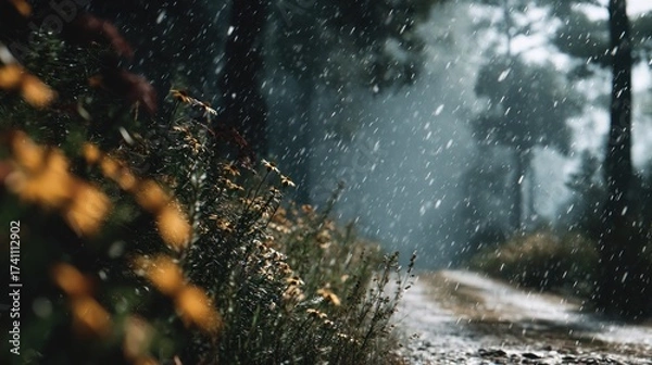 Fototapeta Serene Snowy Path Through Woodland, Nature's Beauty in a Winter Storm