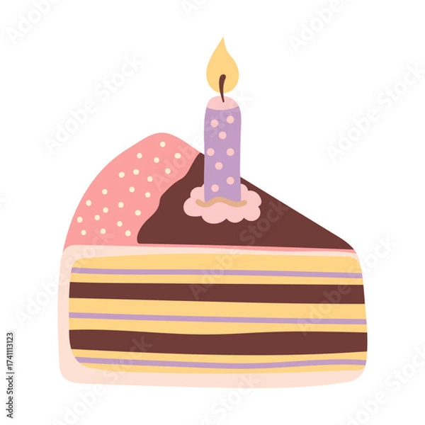 Fototapeta Slice of layered cake with a lit candle on top. Chocolate, cream, pastel colors. Celebration theme. Vector illustration, Happy Birthday card 