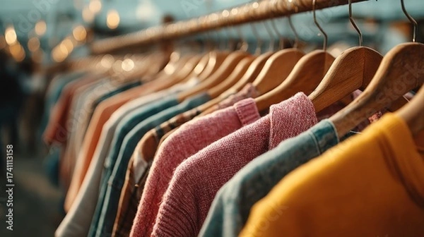 Fototapeta Rack Focus on Fashionable Apparel Displayed on Wooden Hangers in Clothing Store