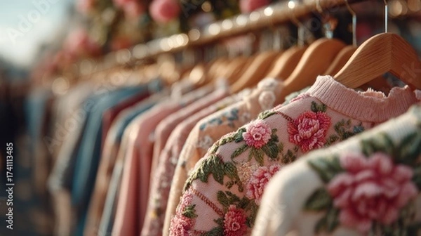 Fototapeta Display of floral embroidered sweaters hanging on a wooden rack in a store