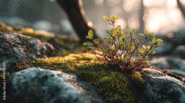 Fototapeta Resilient sprout emerging from mossy rock in the soft morning light nature