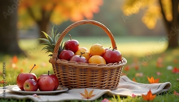 Fototapeta Fresh fruits in a wicker basket on a blanket in a colorful autumn park