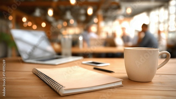 Fototapeta A notebook, coffee cup, and smartphone with coworkers using laptops