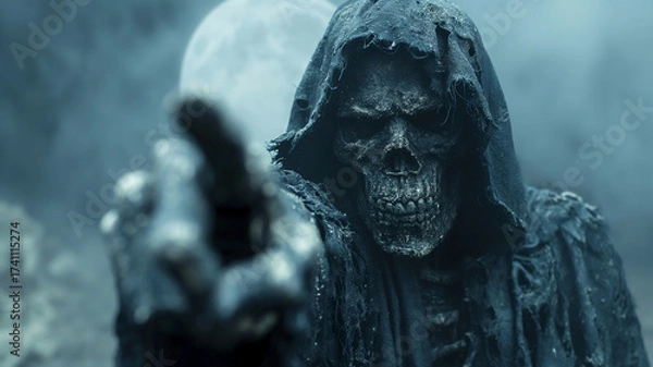 Fototapeta A skeleton covered in dried skin and dressed in a black cloak points a finger in front of him towards the viewer. Skeleton-death on the background of a full moon looks ahead, portrait. Halloween