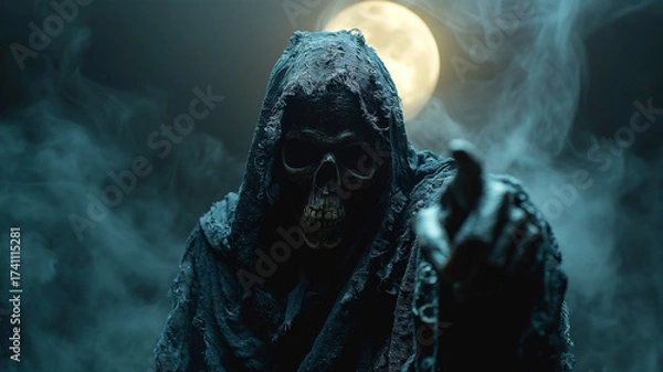 Fototapeta A skeleton covered in dried skin and dressed in a black cloak points a finger in front of him towards the viewer. Skeleton-death on the background of a full moon looks ahead, portrait. Halloween
