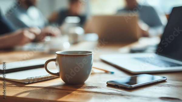 Fototapeta A notebook, coffee cup, and smartphone with coworkers using laptops