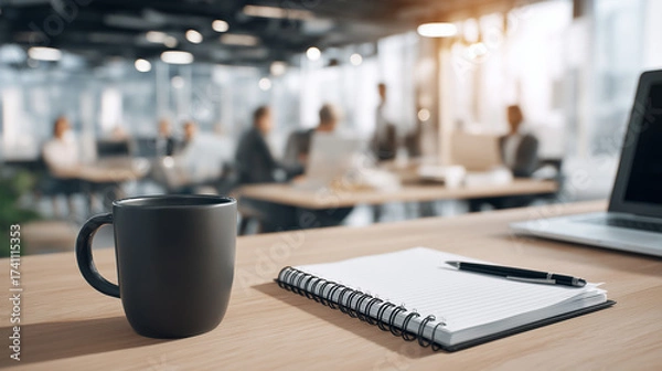 Fototapeta A notebook, coffee cup, and smartphone with coworkers using laptops