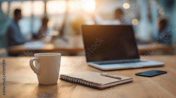 Fototapeta A notebook, coffee cup, and smartphone with coworkers using laptops